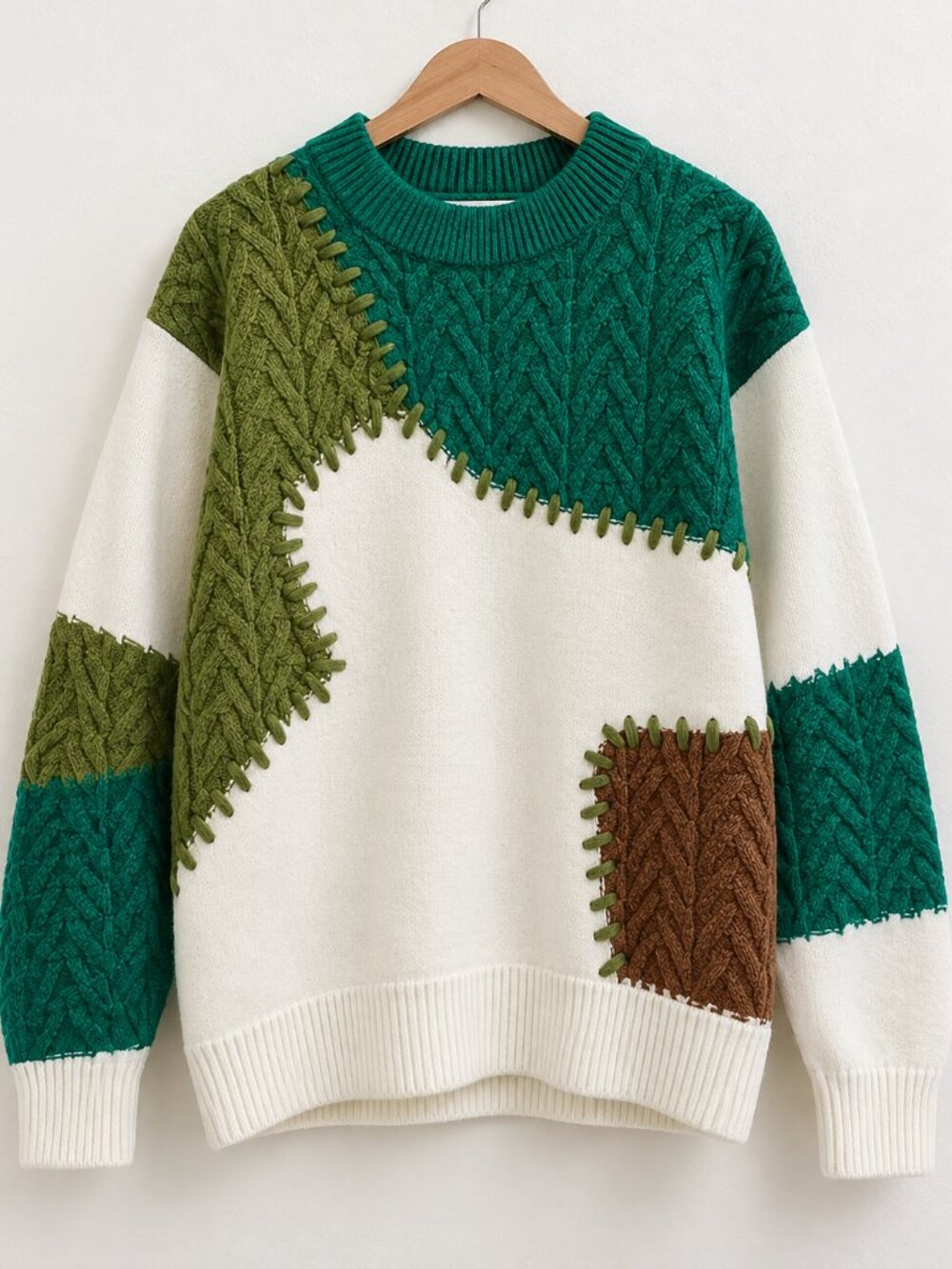 Men’s Green White Patchwork Cable Knit Crewneck Sweater XL NWOT
